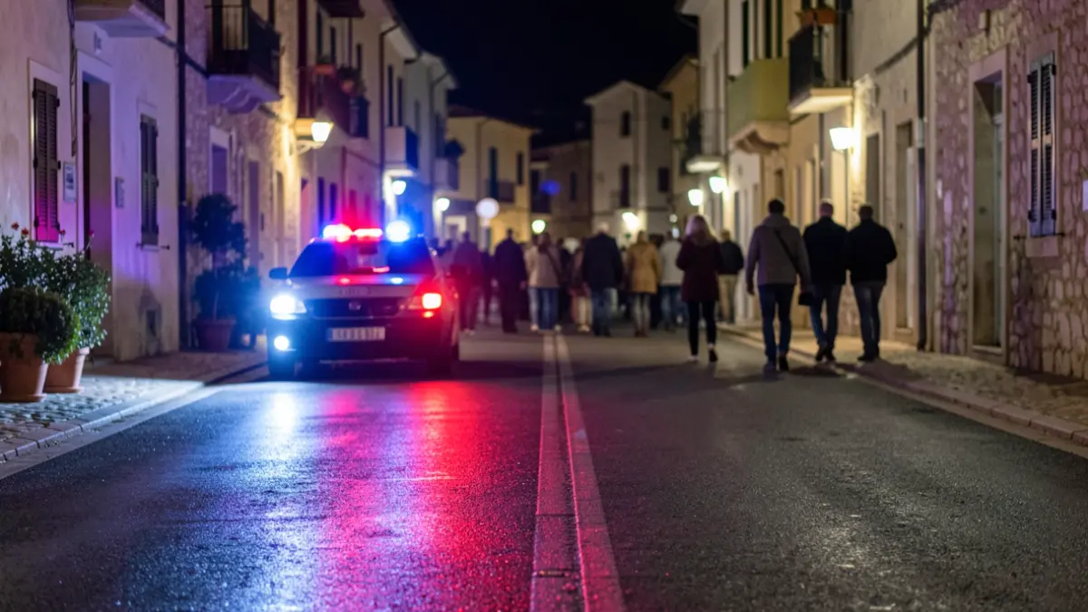 Imatge genèrica de llums d'emergència policials reflectint-se en asfalt mullat.