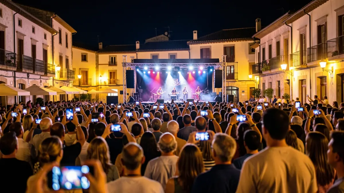 Generic image of an outdoor night concert with audience and stage.