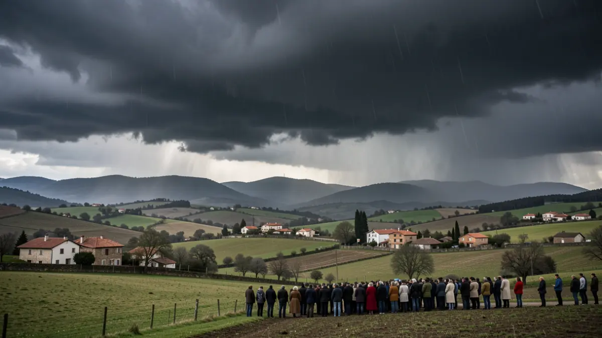 Sky darkened by storm clouds over the Catalan landscape with heavy rain.