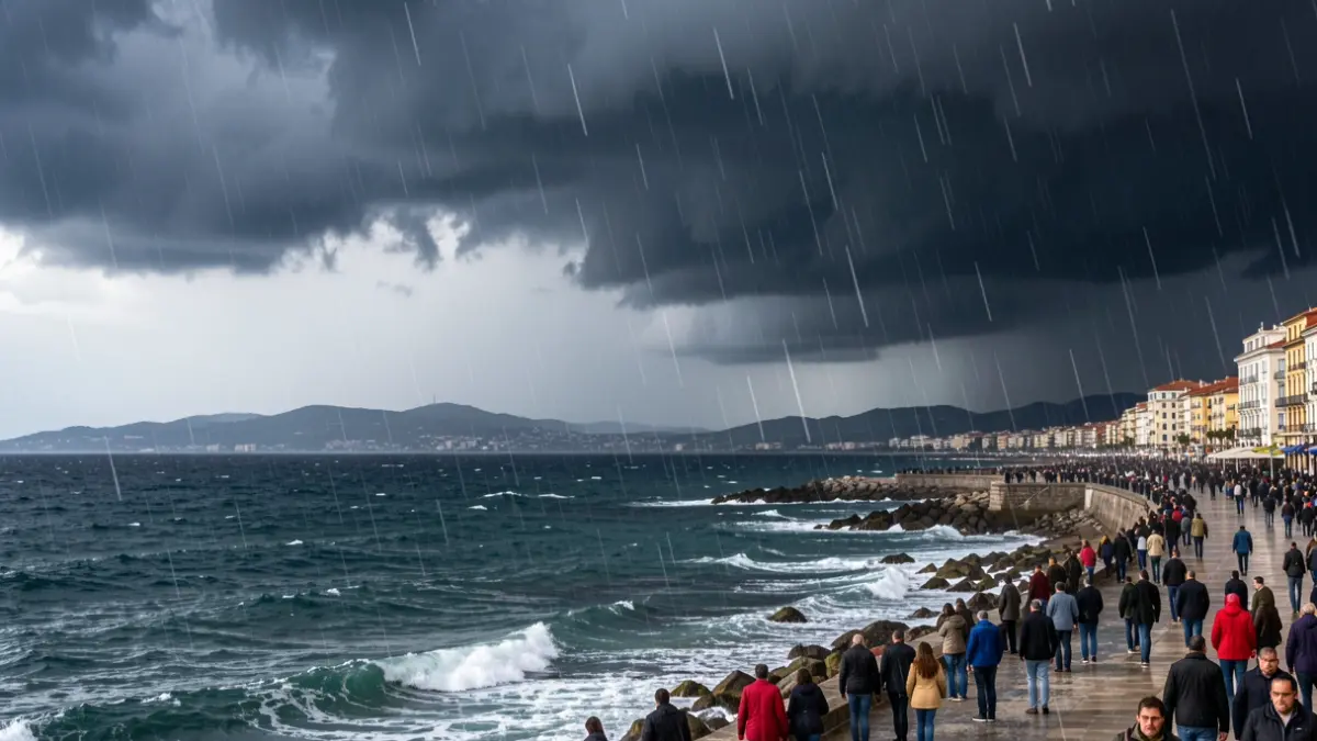 Cielo amenazador con nubes de tormenta y lluvia intensa sobre la costa catalana.