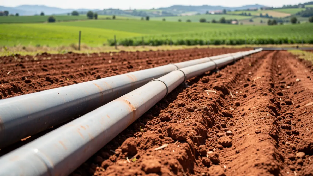 Irrigation pipe in a plowed field in Osona.