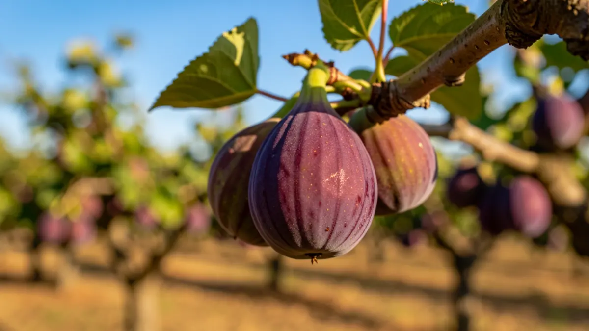 Figues madures acabades de collir en una branca, amb un camp fruitar al fons.