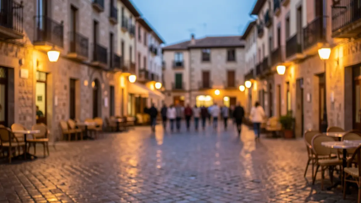 Imagen genérica de una plaza de pueblo catalán al atardecer con luces cálidas.