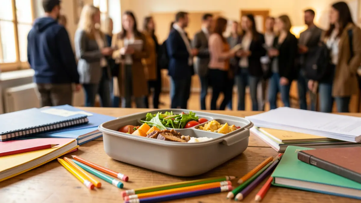 Imatge genèrica d'un esmorzar escolar amb material d'estudi.