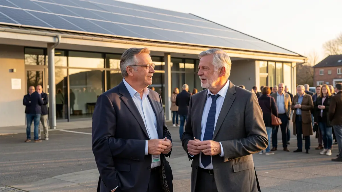 Two Catalan mayors in front of a building with solar panels discussing renewable energy plans.