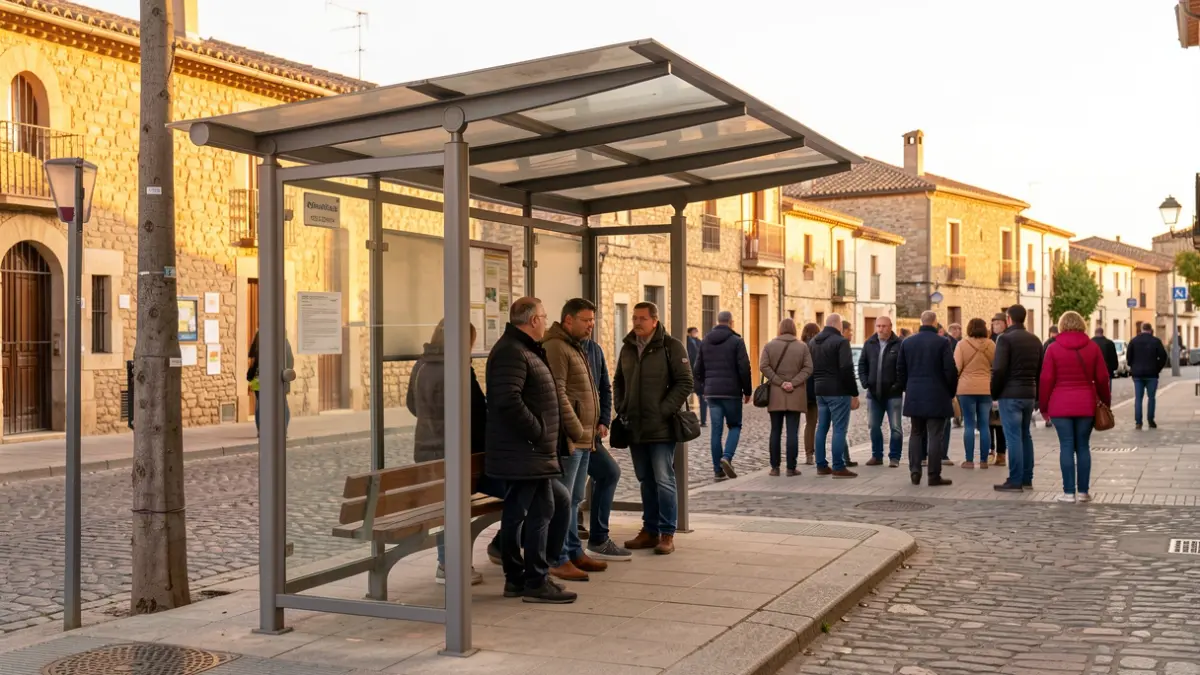 Parada d'autobús a Alcarràs amb persones esperant sota la llum de la tarda.