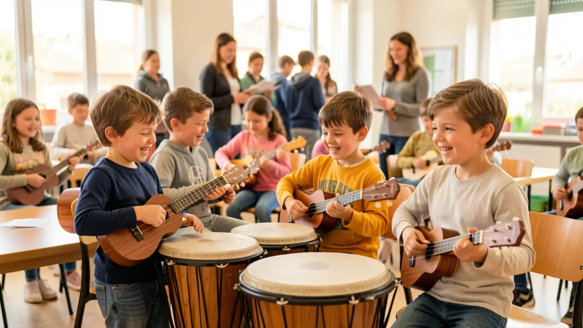 Nens i nenes participant en tallers de música a Alcarràs.