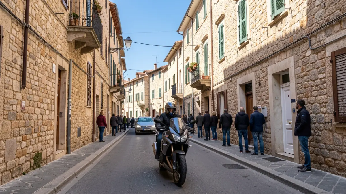 Imatge d'un carrer estret amb una moto circulant contra direcció.