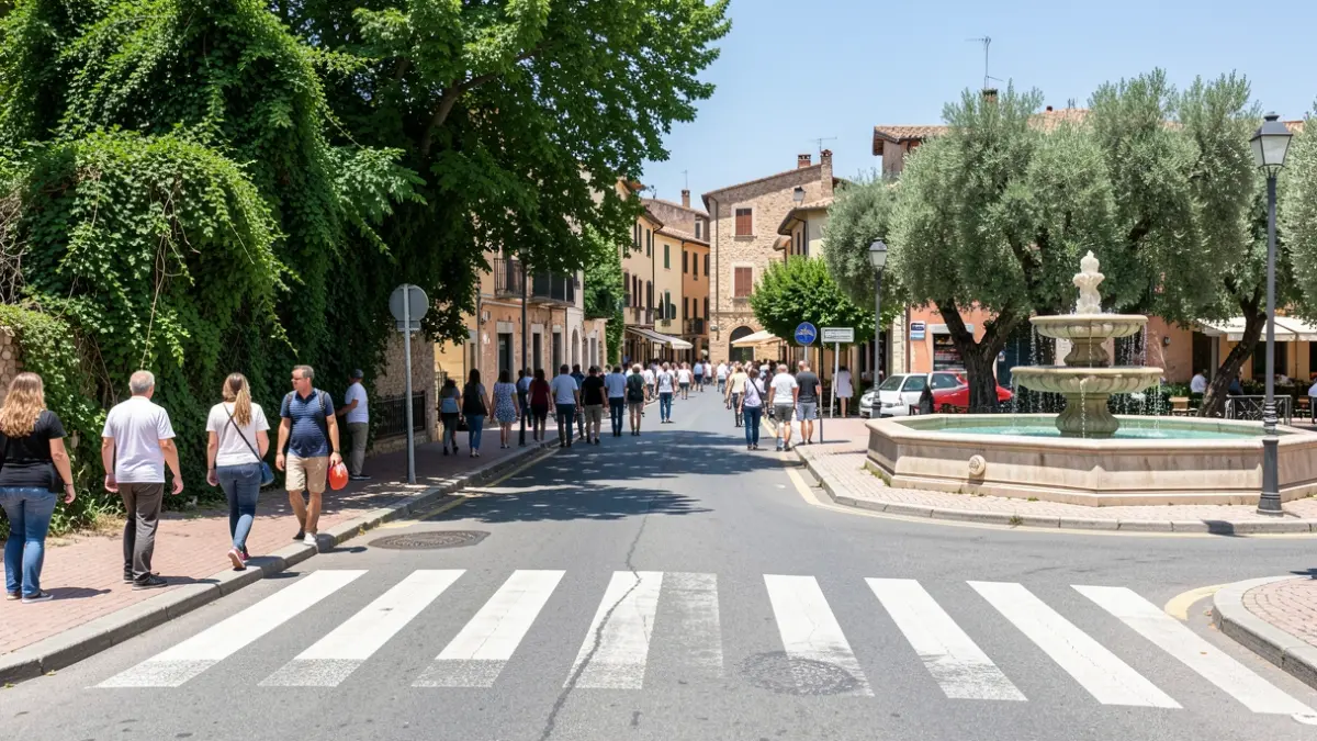 Pas de vianants amb poca visibilitat per arbres i font propera en un dia assolellat.