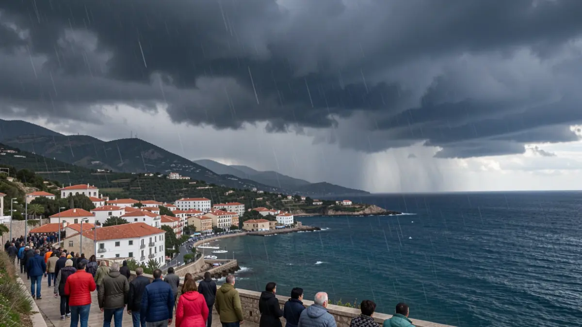 Very cloudy sky with heavy rain over the coast of Teià.