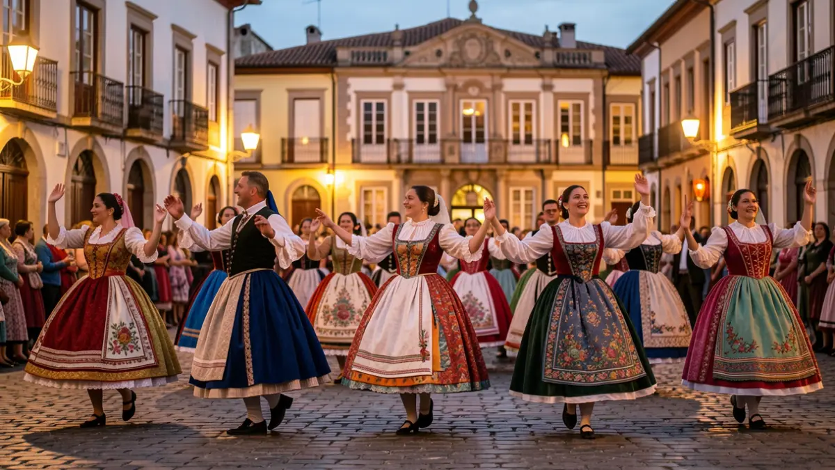 Sardana dance in a Catalan town square at dusk.