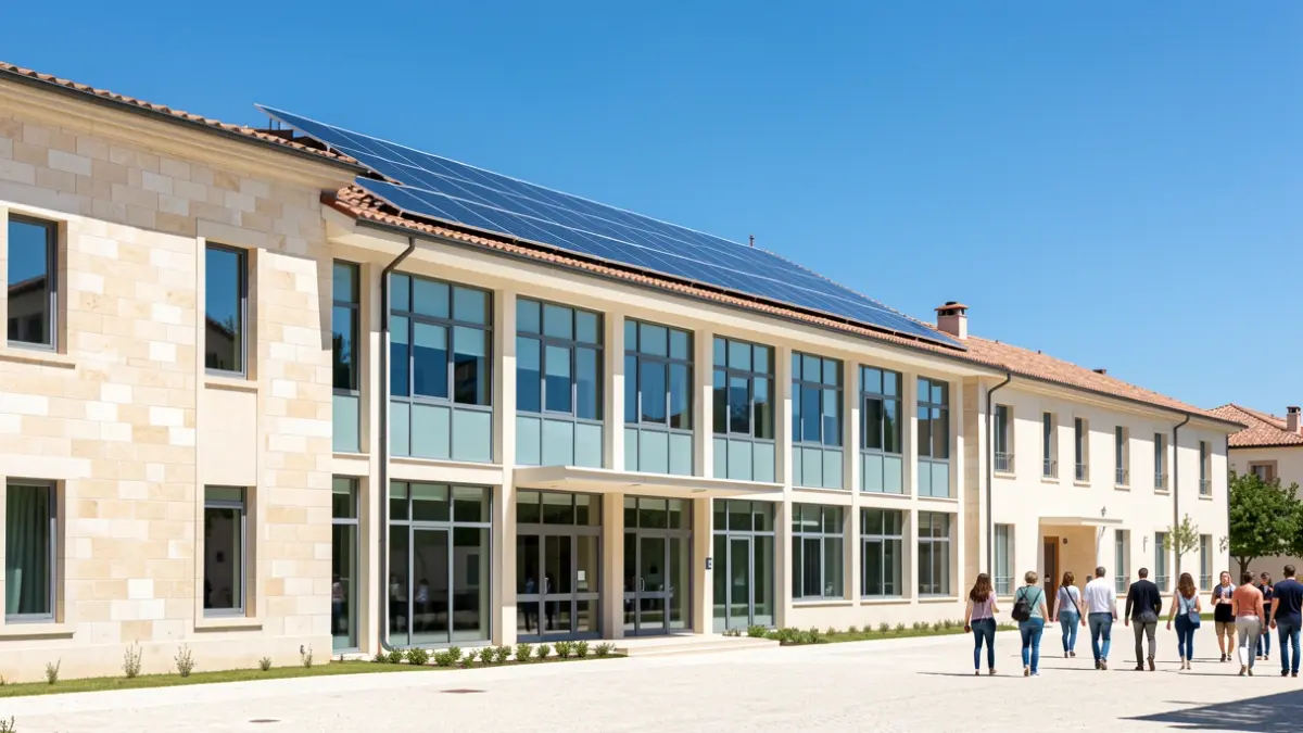 Imagen genérica de un edificio escolar moderno con elementos mediterráneos.