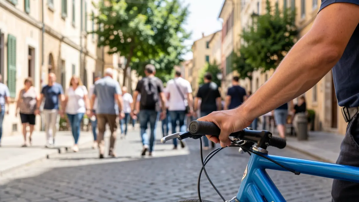 Generic image of a hand grabbing a public bicycle's handlebar on a street.