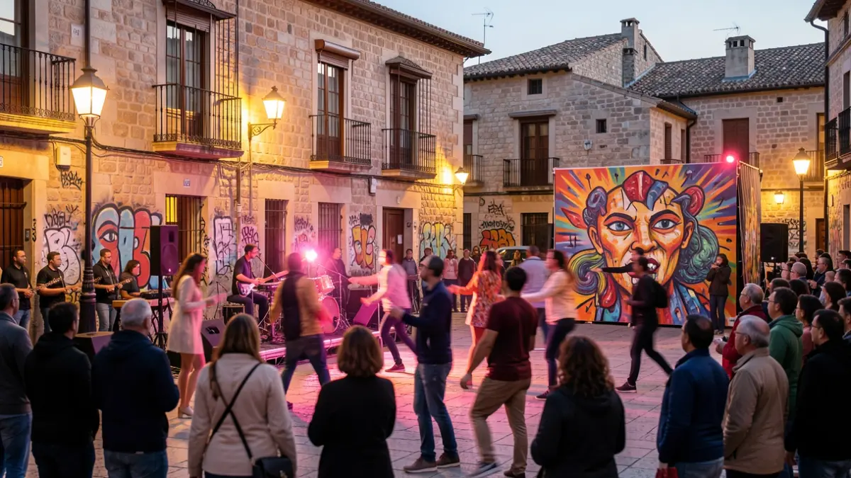 Generic image of a street art performance at dusk in a Catalan square.