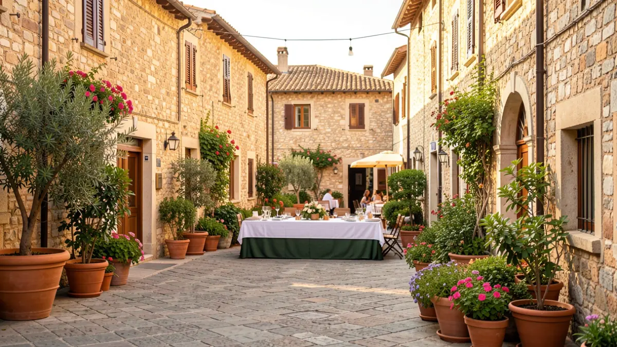 Generic image of a Mediterranean village square with a stage set up for an event.