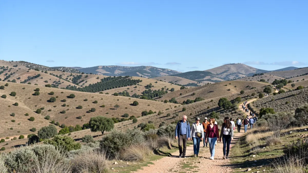 Paisatge d'Argençola amb gent caminant per un sender.