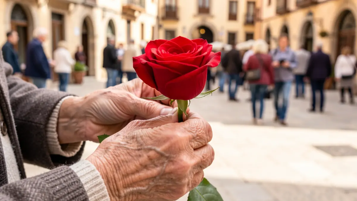 Elderly hands holding a red rose in front of a Catalan town square.