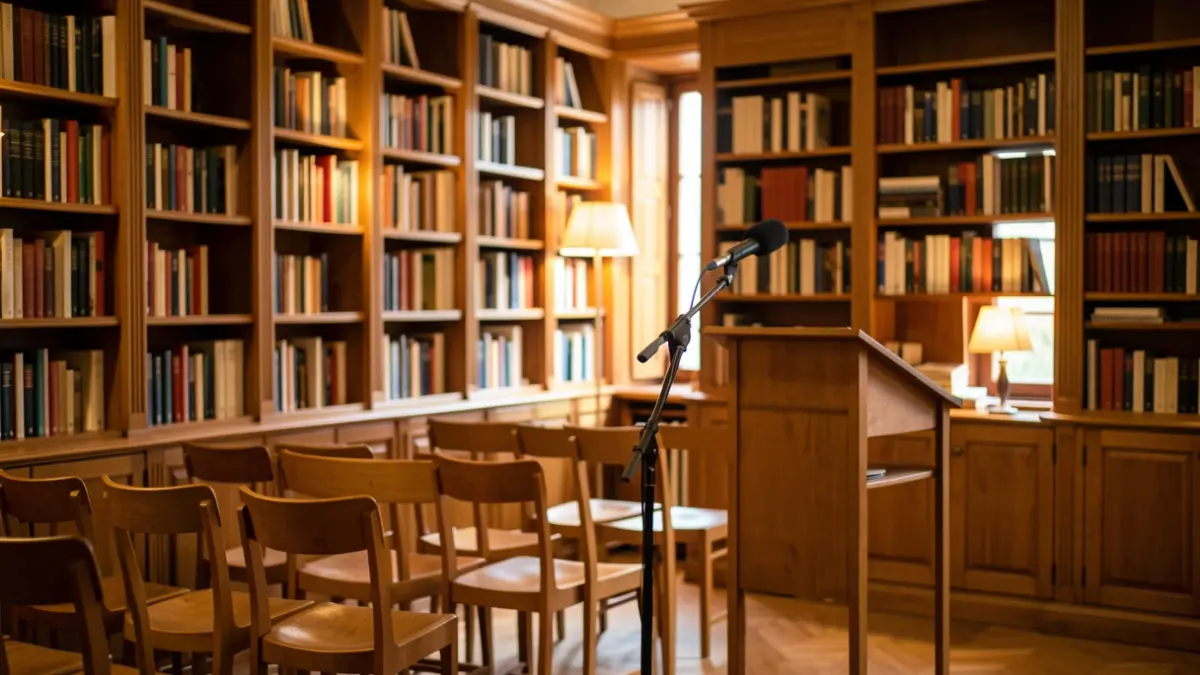 Interior de una biblioteca con estanterías de madera y un micrófono en un atril, preparado para un acto cultural.