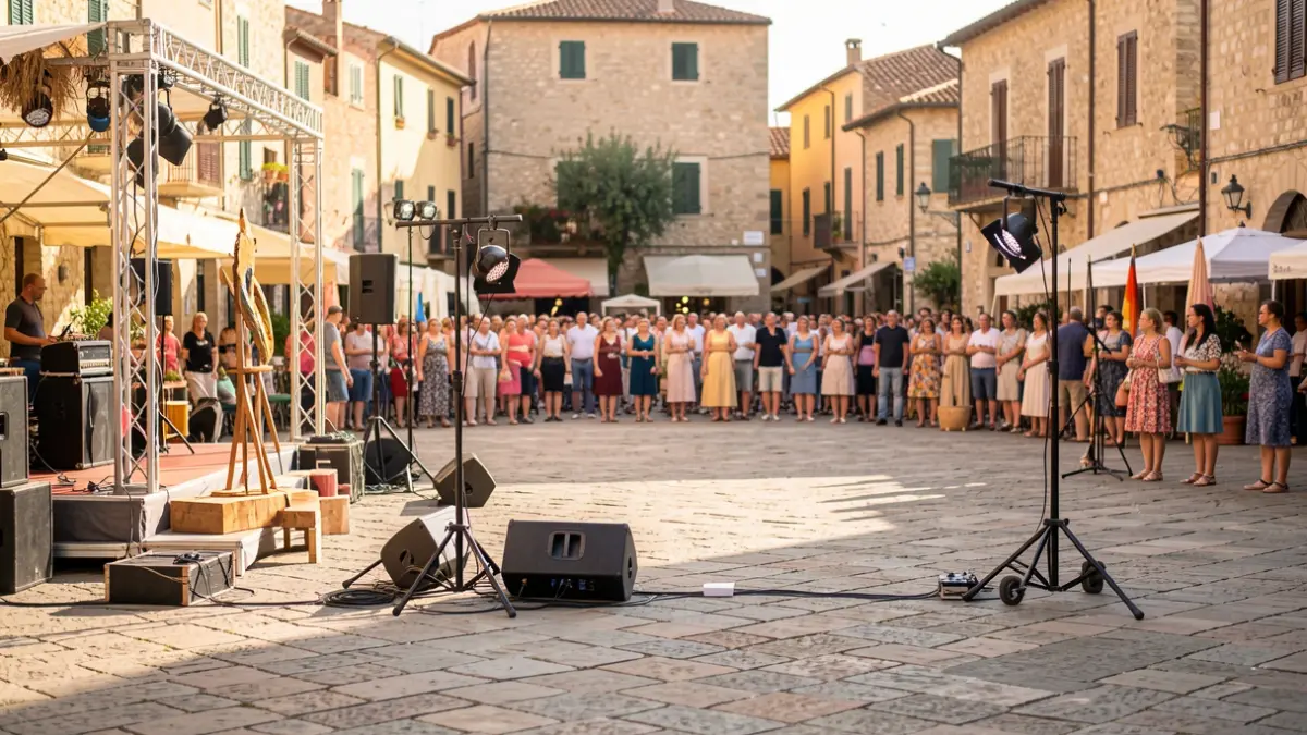 Escena d'un festival cultural en una plaça amb elements artístics i públic desenfocat.