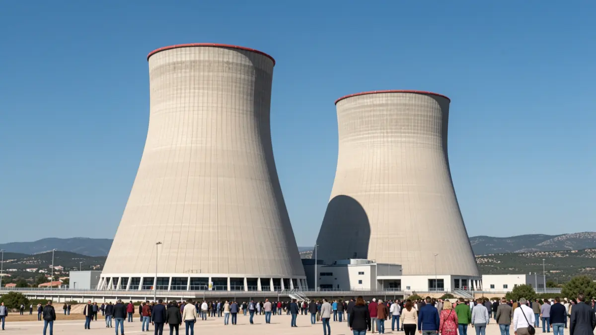Exterior view of the Asco nuclear power plant cooling towers.