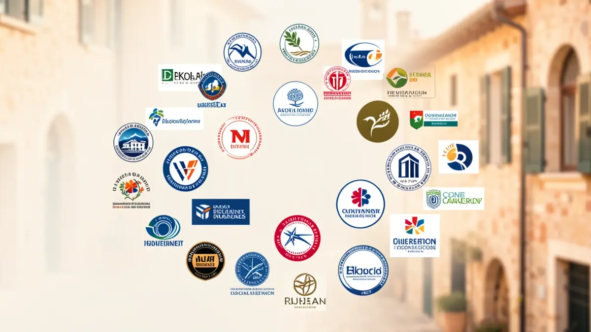 Logotips d'associacions empresarials formant un cercle, amb un toc arquitectònic mediterrani.