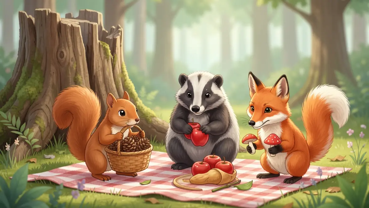 Ilustración de animales del bosque preparando un almuerzo, con un erizo desaparecido.