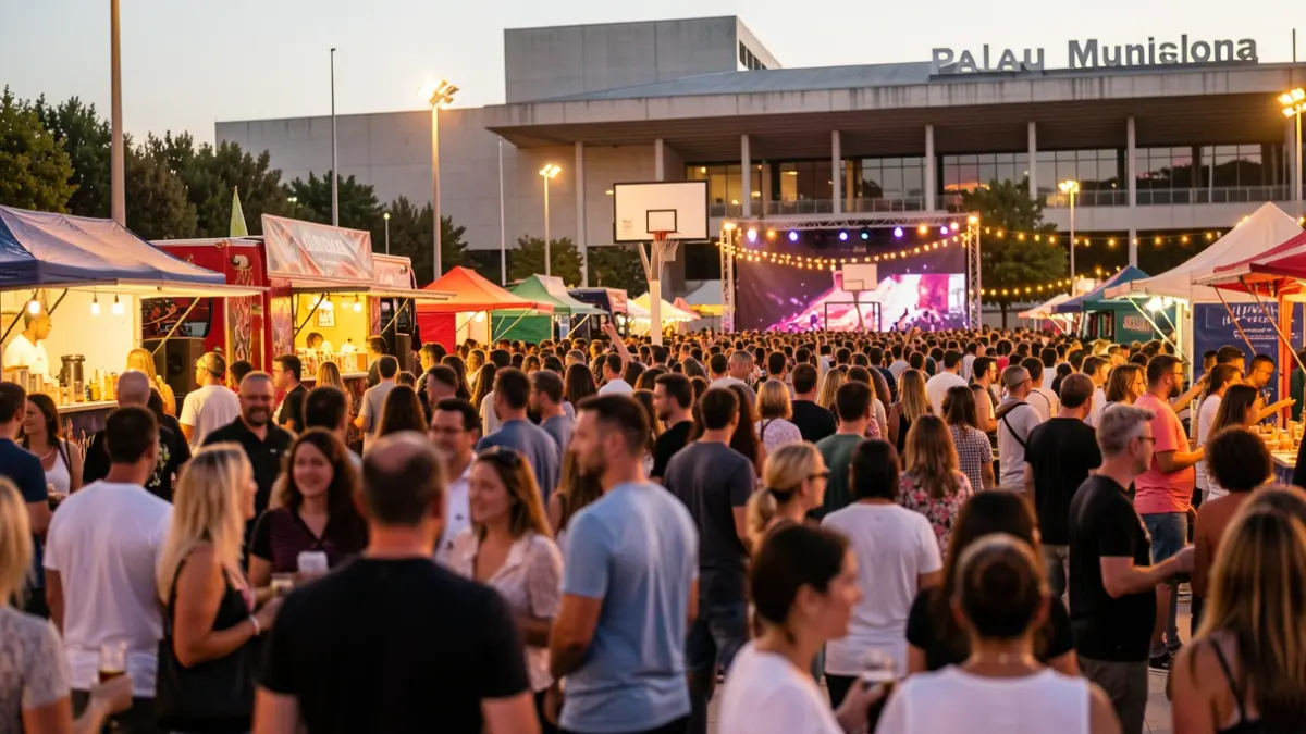 Generic image of a fan zone with a festive atmosphere and basketball.