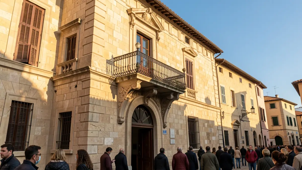 Generic image of a Mediterranean town hall facade with a balcony and blue sky.