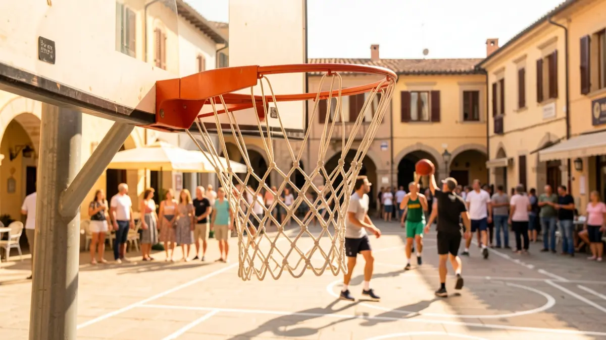 Generic image of a basketball hoop in a plaza with people playing.