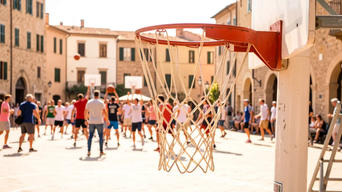 Imatge genèrica d'un cistella de bàsquet en una plaça amb participants.