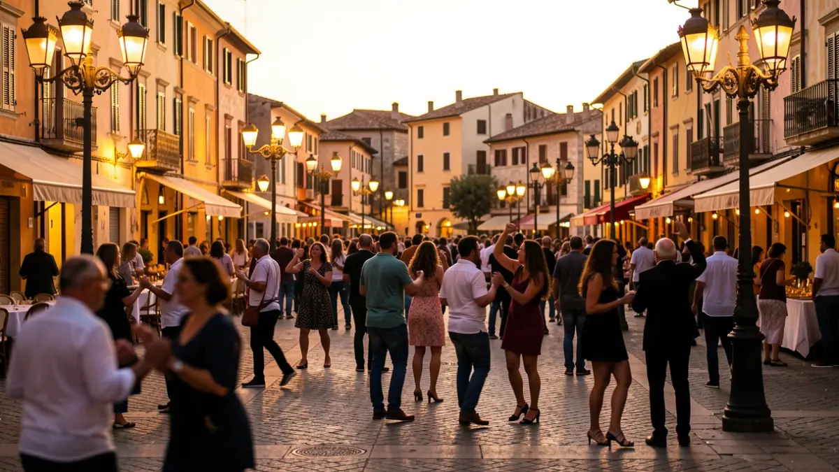 Festive atmosphere in a public square during sunset.