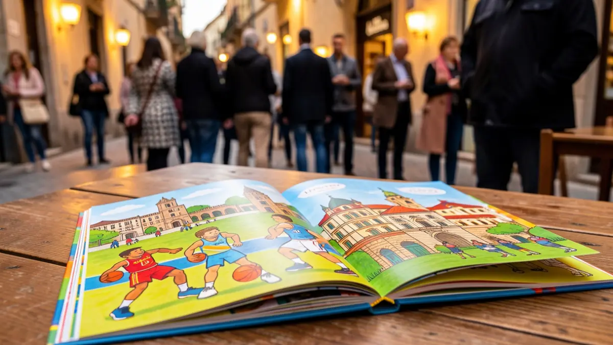 Children's booklet 'Explora Badalona: Basketball Cradle' open on a table.