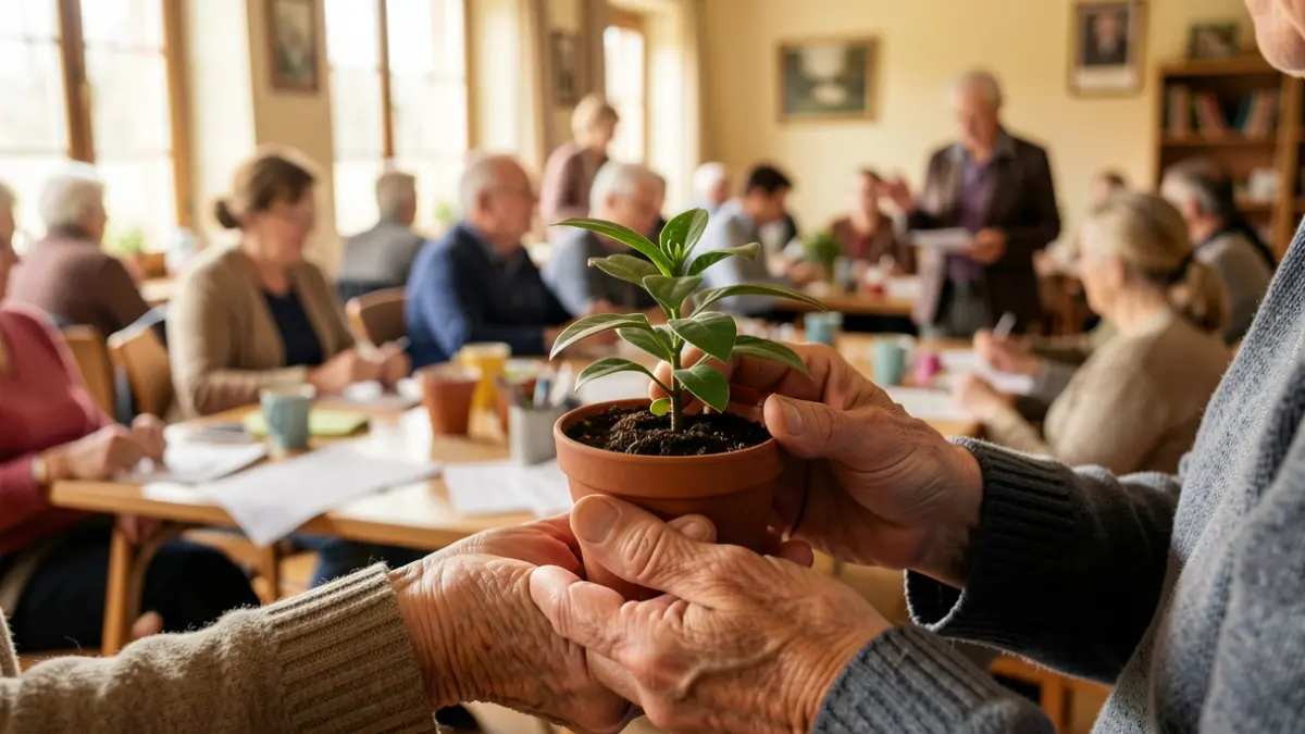 Mans d'una persona gran cuidant una planta en un centre comunitari.