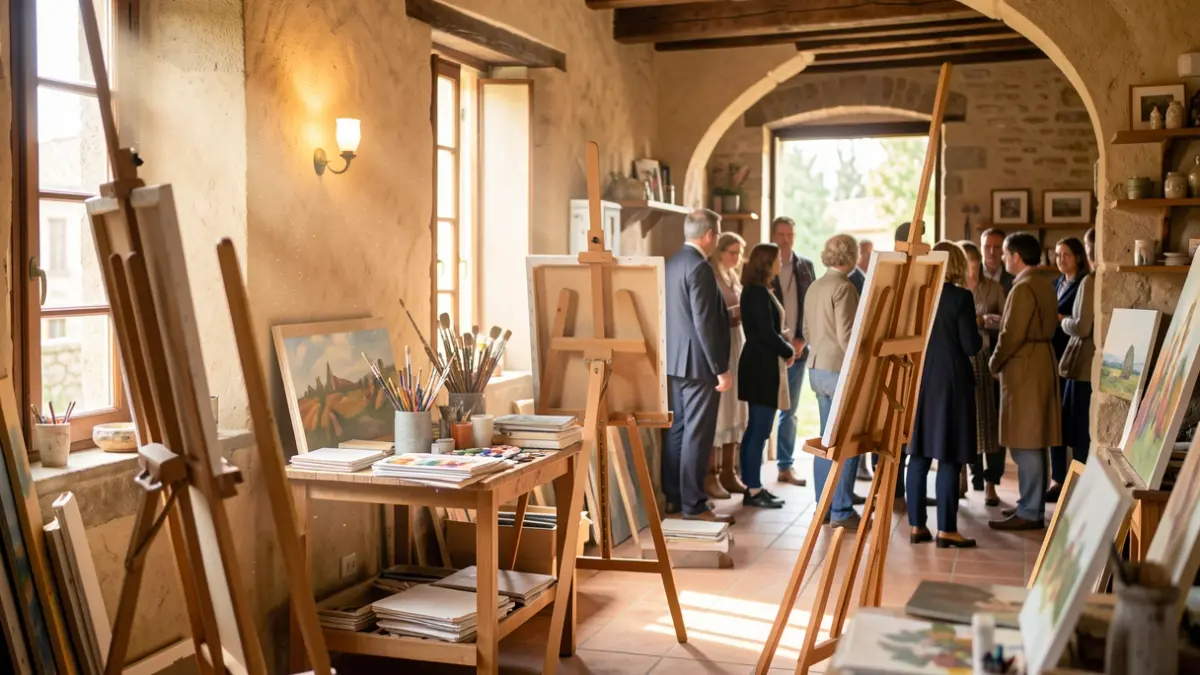 Espai d'art interior amb cavallets i material d'art.