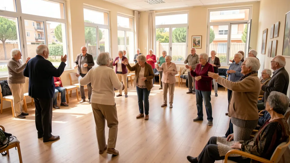 Elderly people doing gymnastics in a community center in Badalona.