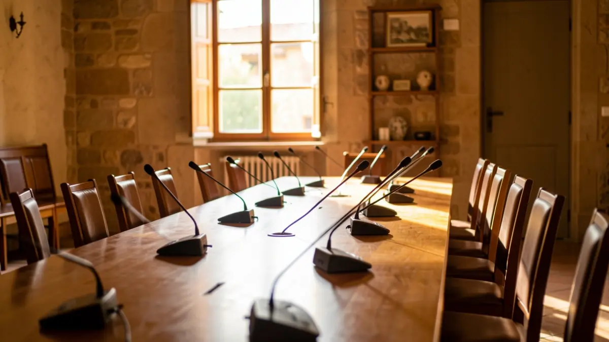 Sala de reuniones de un consejo comarcal con mesa y sillas.