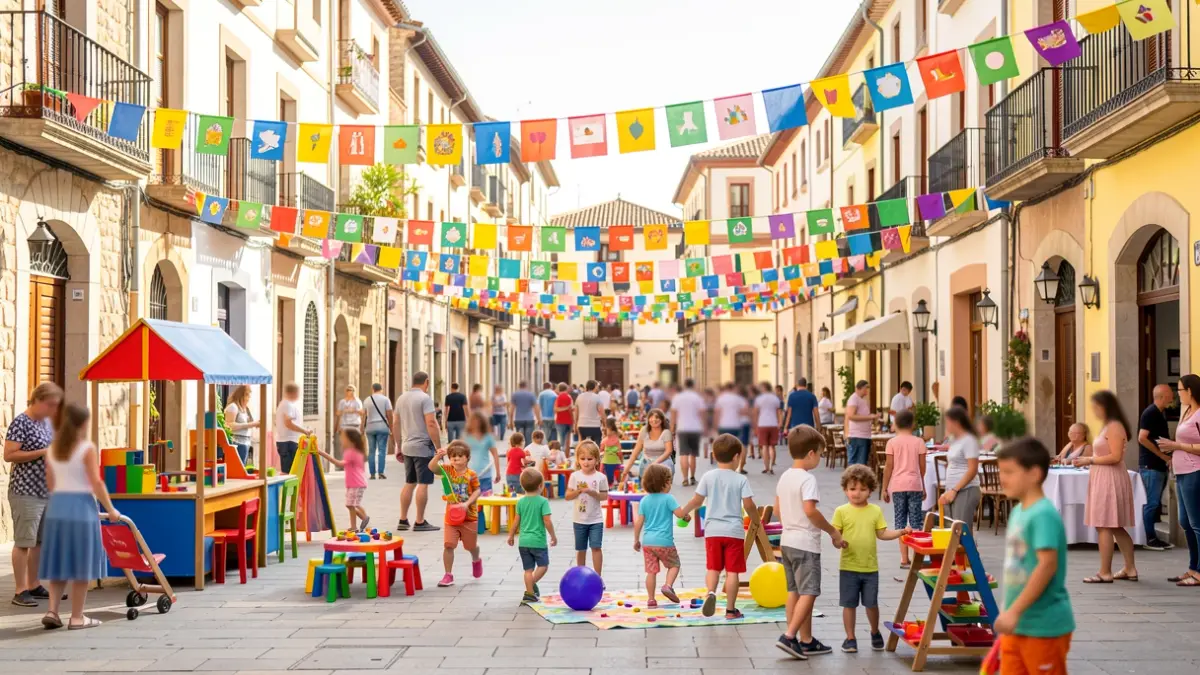Imatge genèrica d'una plaça de poble català amb activitats infantils.