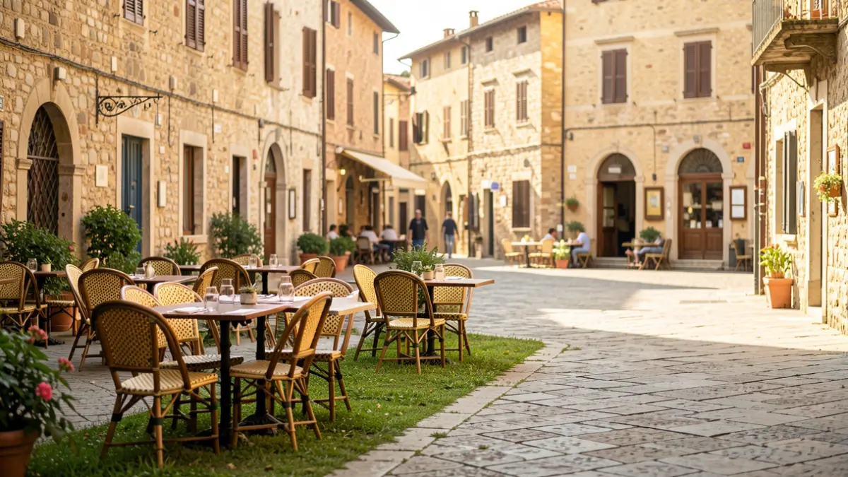 Generic image of a town square with bar tables and chairs occupying part of the sidewalk.