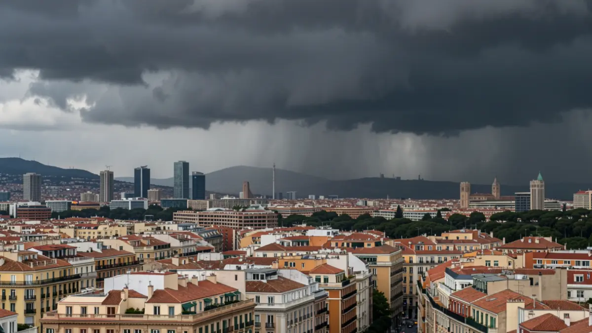 Stormy sky over the Barcelona skyline with heavy rain.