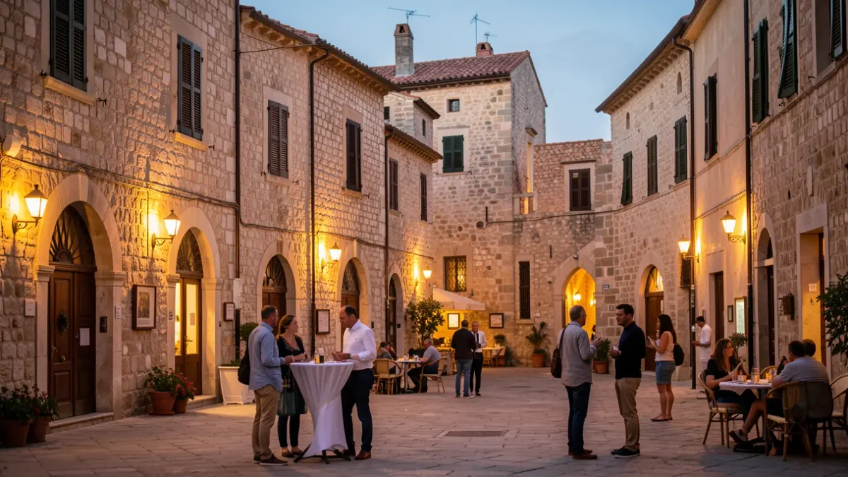Imagen genérica de una plaza de ciudad mediterránea iluminada al atardecer, con gente conversando.