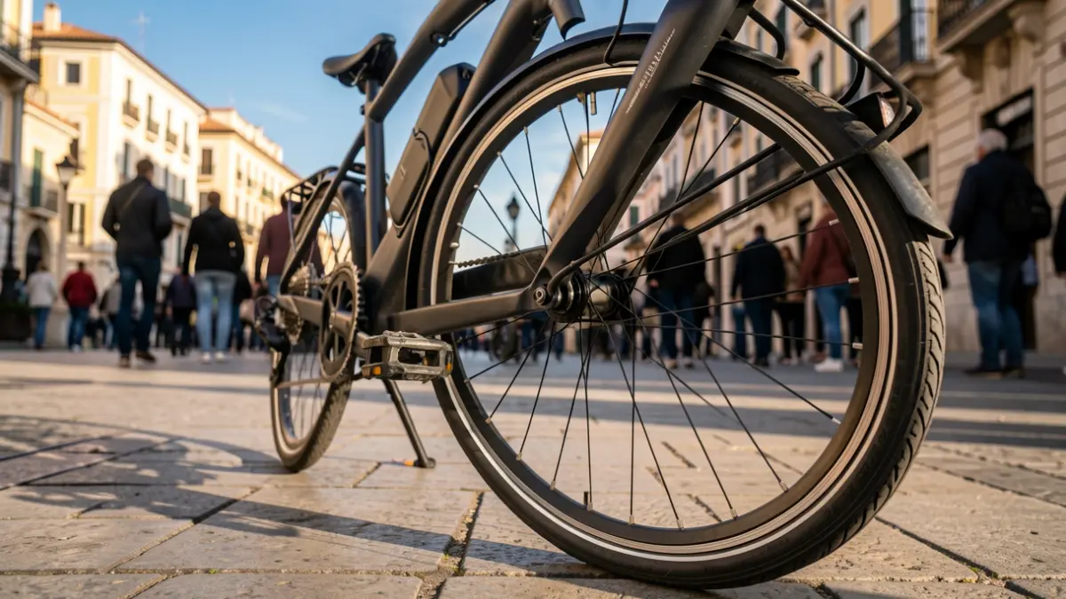 Bicicleta elèctrica aparcada en un carrer de Barcelona amb arquitectura mediterrània.