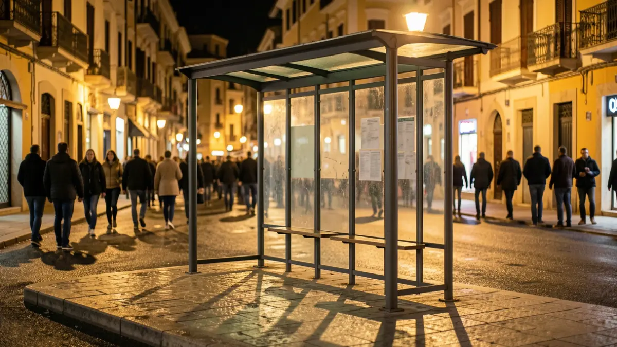 Imatge genèrica d'una parada de bus buida a la nit.