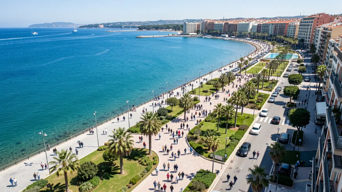 Vista aèria del passeig Marítim de la Mar Bella a Barcelona, amb zones verdes i mar Mediterrani.