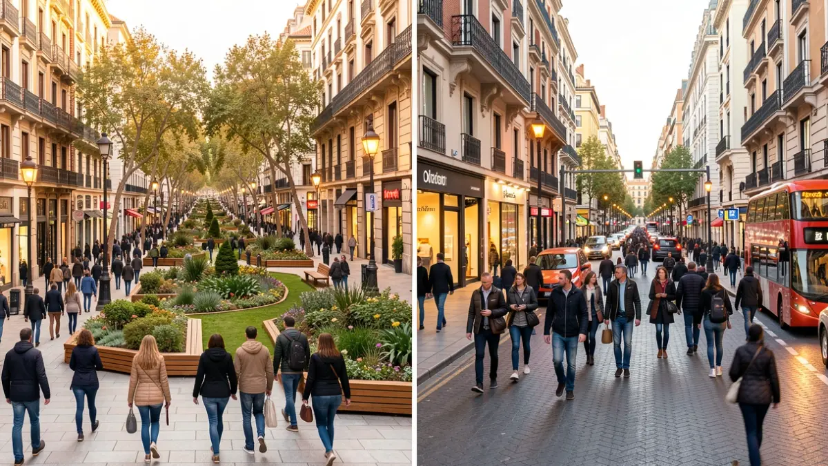 Image of Barcelona's La Rambla and London's Oxford Street, showcasing urban transformation.