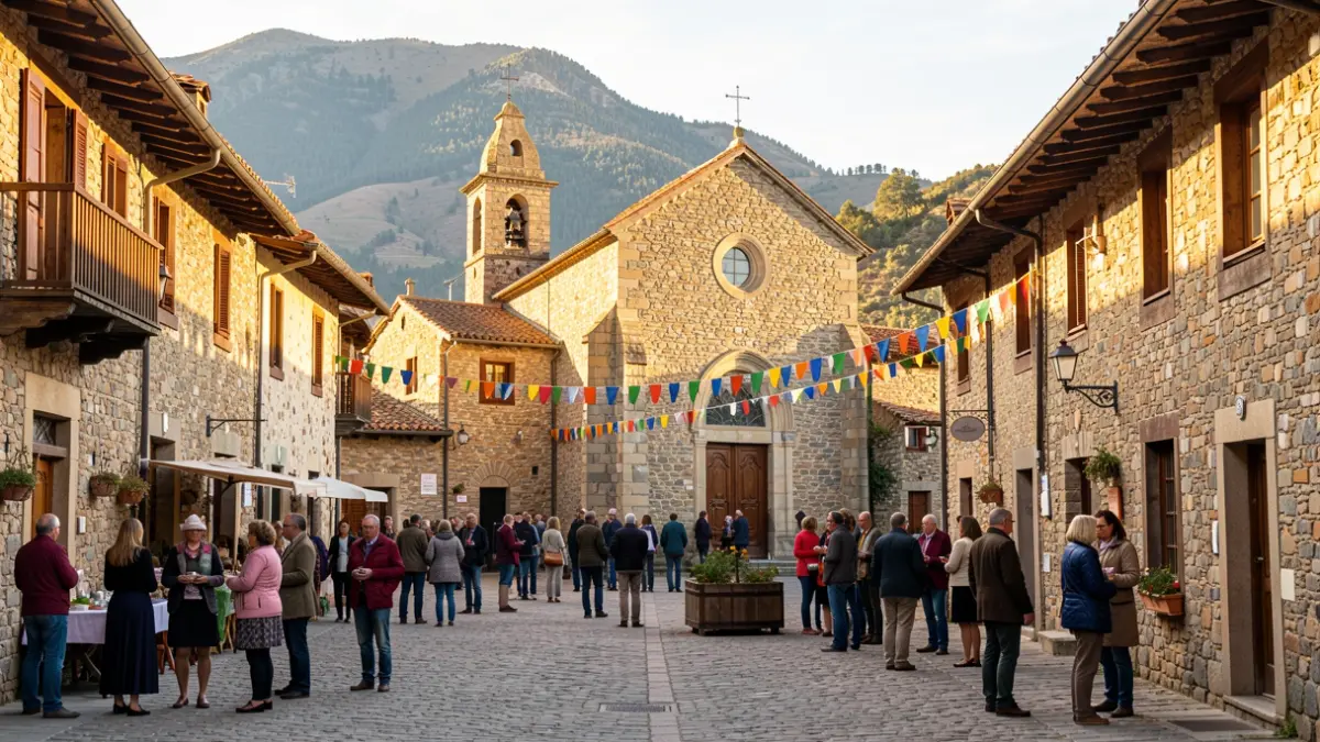 Imagen genérica de la plaza de Beget con casas de piedra y ambiente festivo.