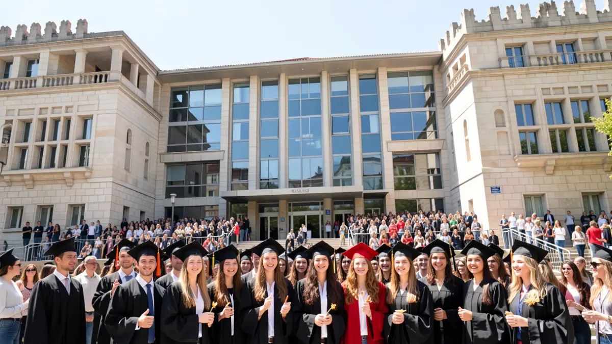 Imagen genérica de nuevos graduados universitarios frente a un edificio académico.