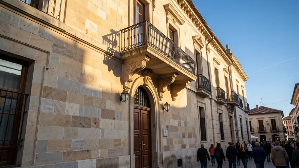 Generic image of a Catalan stone town hall facade with a balcony and blue sky.