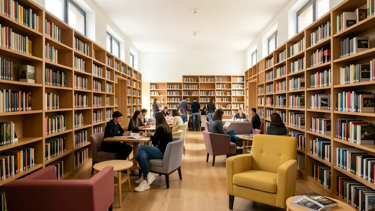 Interior of a municipal library in Catalunya with bookshelves full of books and reading areas.