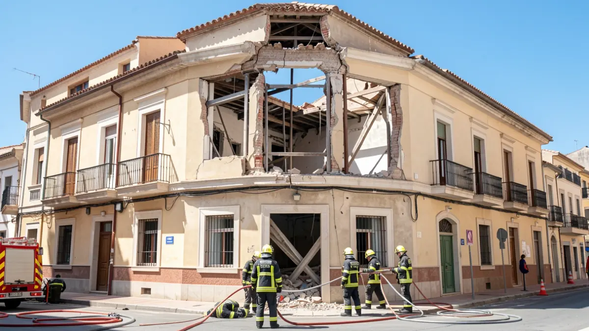 Bomberos asegurando la fachada de un edificio en Sabadell.