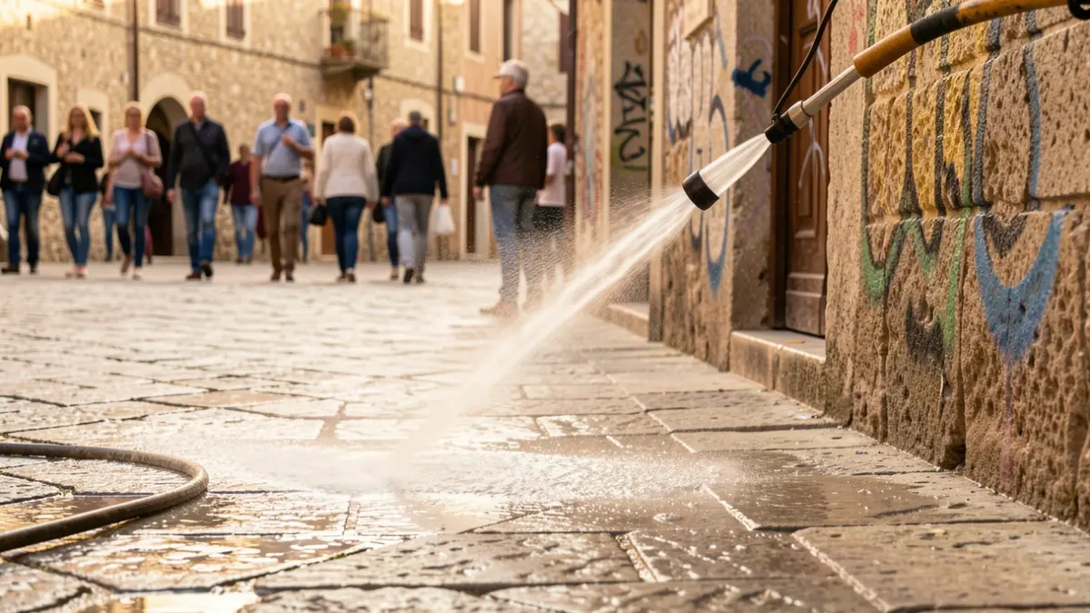 Limpieza intensiva con agua a presión en una calle de Lleida.